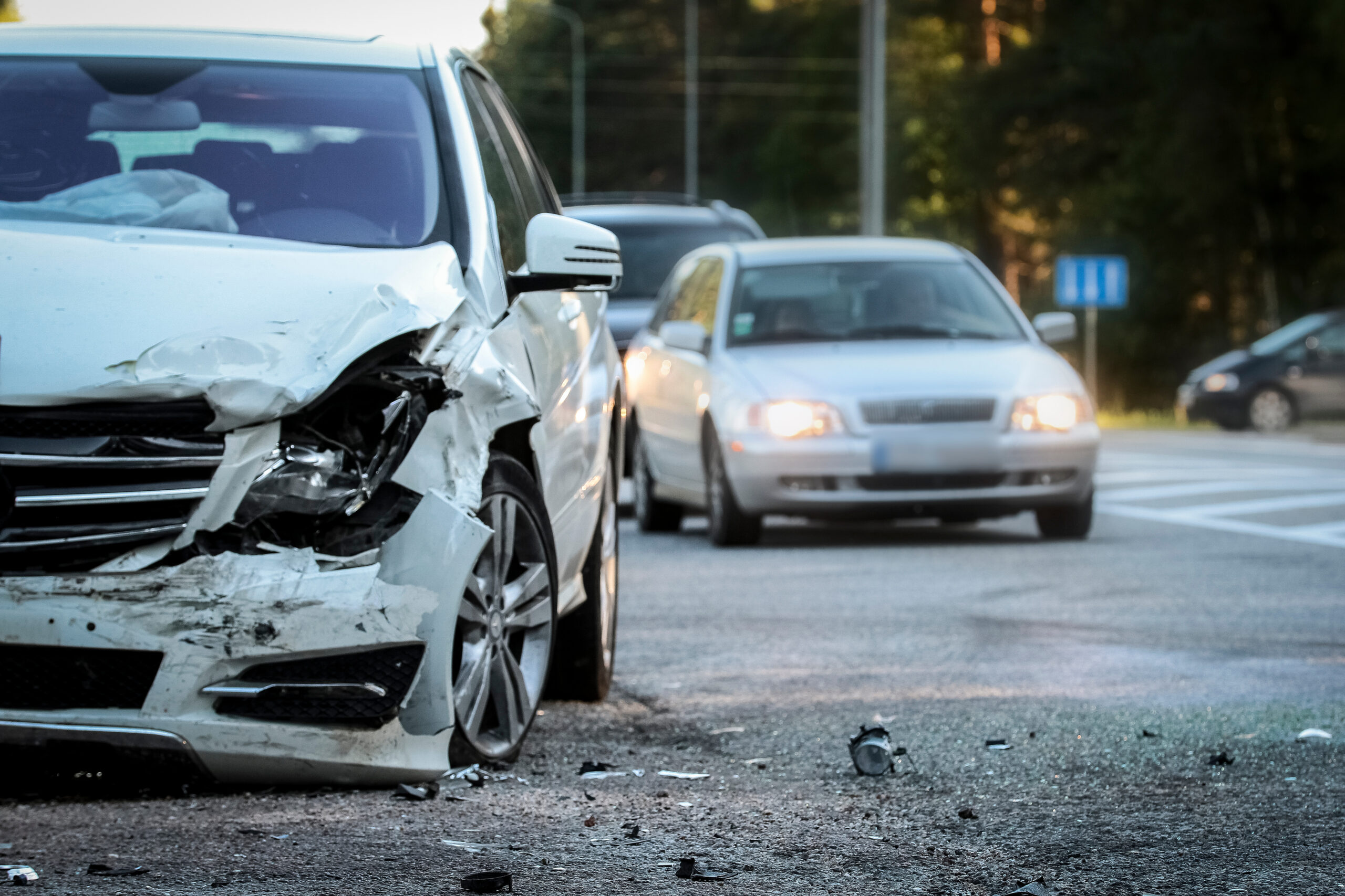 Front of a car get damaged by crash accident on the road