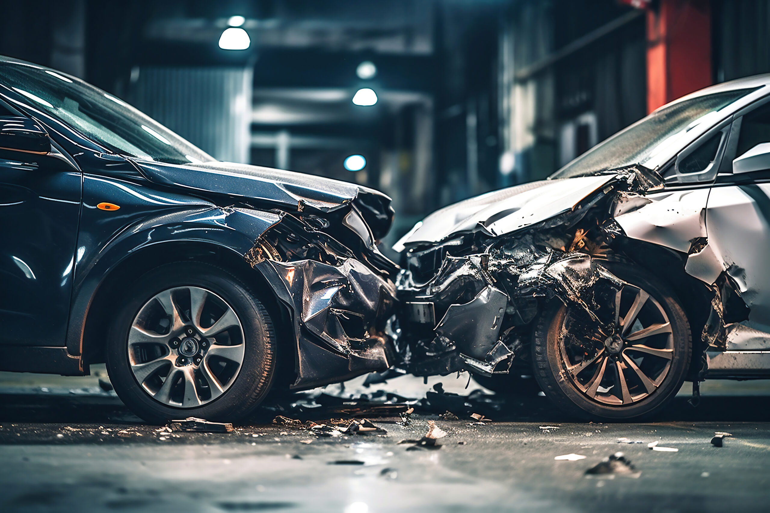 Car accident of two cars, collision of cars. Two cars are damaged after a head on collision, a car accident. Car accident on the street, damaged cars after collision. Violation of traffic rules.